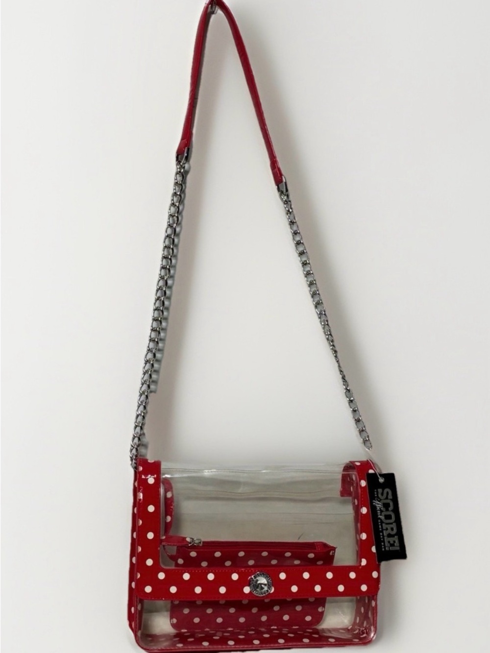 Score GameDay bags Chrissy med. Clear clutch NWT dustbag, charm, 2015 NOS